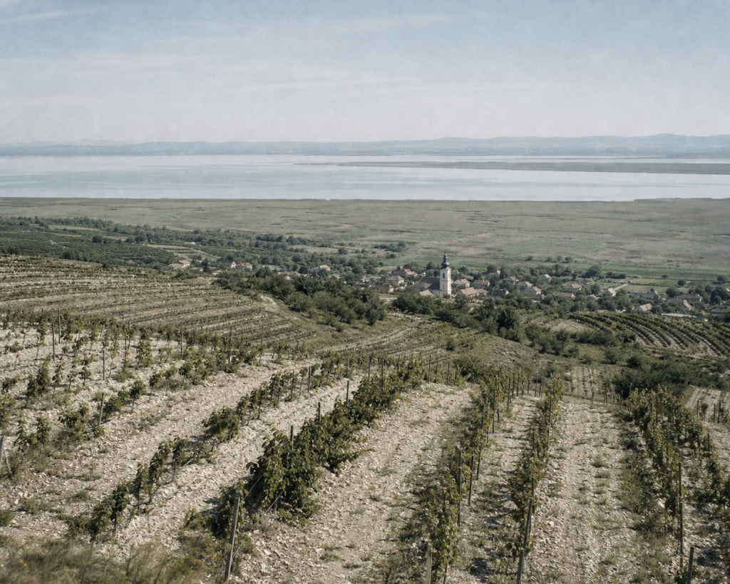Blick vom Leithagebirge über die Weingärten auf den Neusiedler See