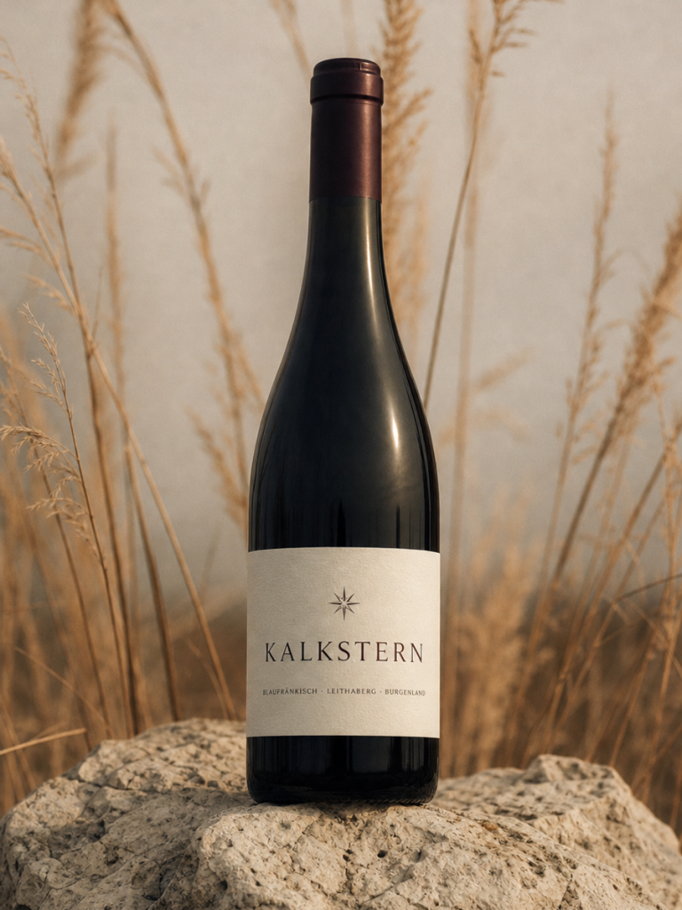 Flasche Kalkstern Blaufränkisch auf einem Kalkstein im Schilf
