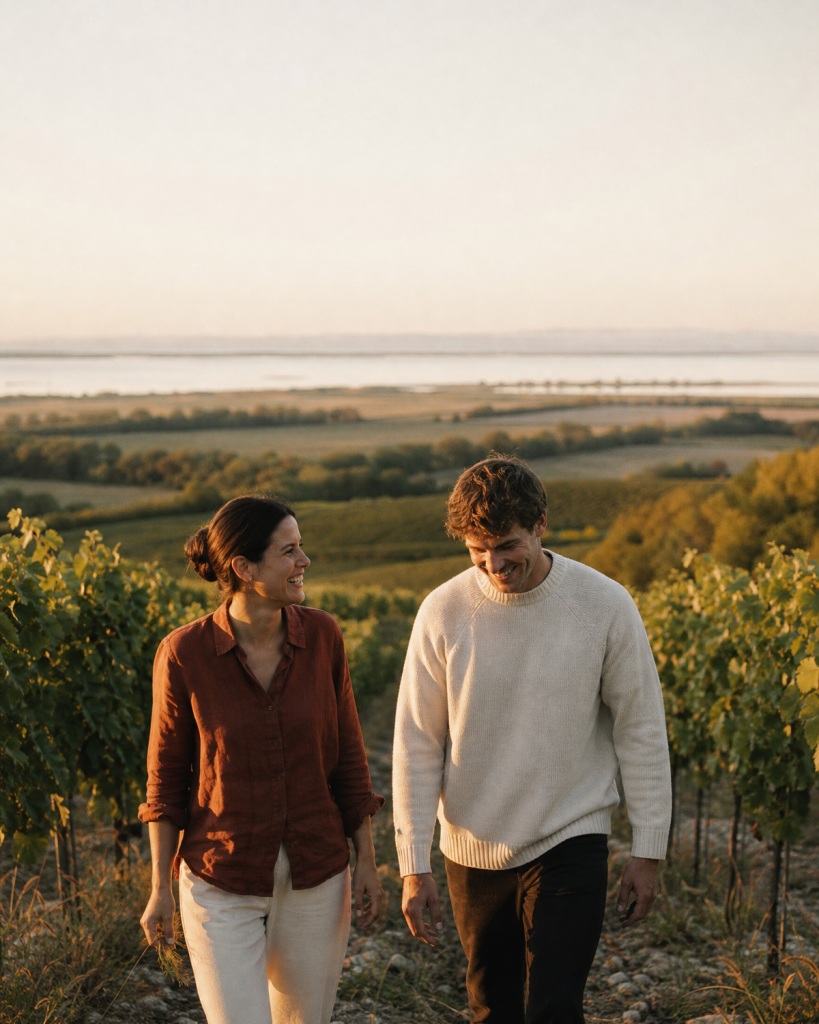 Lena und Mati Lenz zwischen den Rebzeilen am Leithaberg, im Hintergrund der Neusiedler See